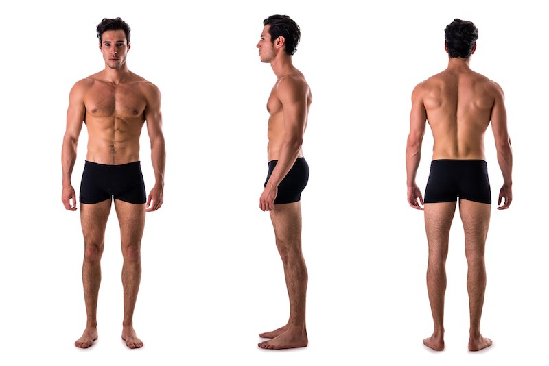 Triple view of shirtless bodybuilder: back, front, side Three views of muscular shirtless male bodybuilder: back, front and profile shot, isolated on white background